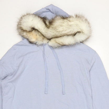 River Island Women Blue M Fur Trim Hooded Pullover Sweatshirt