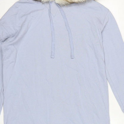 River Island Women Blue M Fur Trim Hooded Pullover Sweatshirt