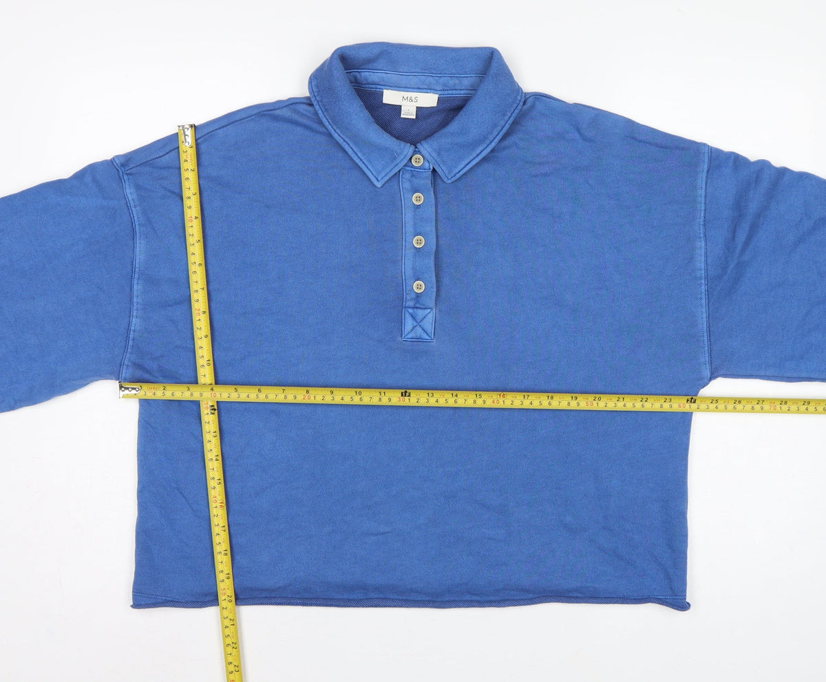 Marks and Spencer Women Blue L Collared Henley Cotton Sweatshirt
