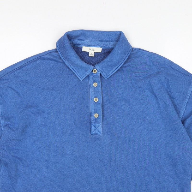 Marks and Spencer Women Blue L Collared Henley Cotton Sweatshirt