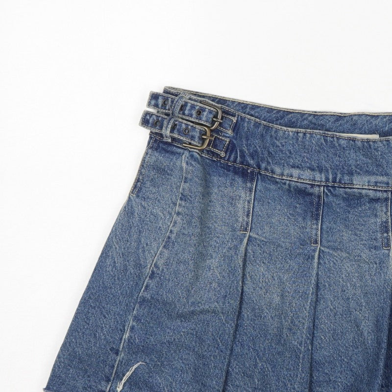 Bershka Women Blue UK 14 Denim Pleated Mini Skirt Buckle Frayed Hem