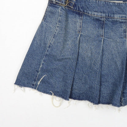 Bershka Women Blue UK 14 Denim Pleated Mini Skirt Buckle Frayed Hem