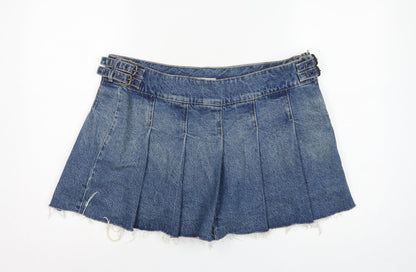 Bershka Women Blue UK 14 Denim Pleated Mini Skirt Buckle Frayed Hem