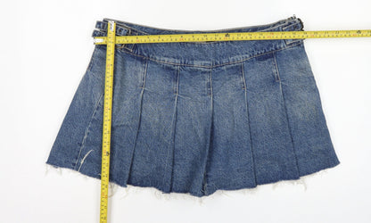 Bershka Women Blue UK 14 Denim Pleated Mini Skirt Buckle Frayed Hem