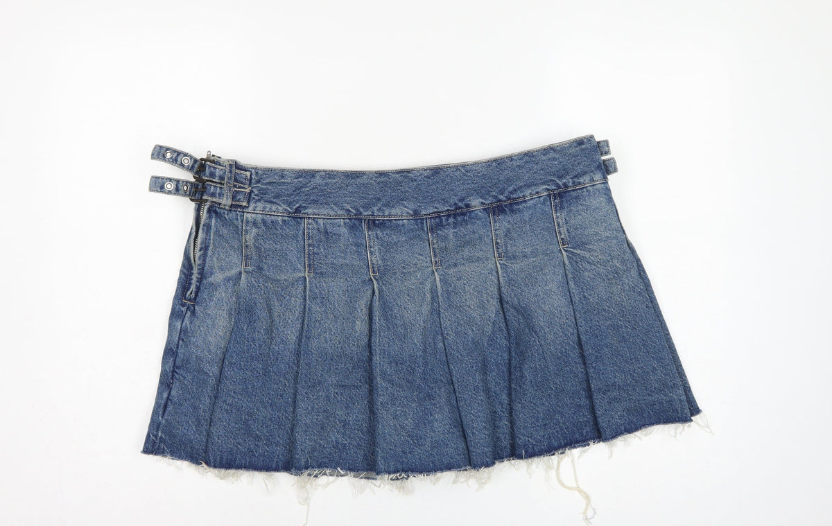 Bershka Women Blue UK 14 Denim Pleated Mini Skirt Buckle Frayed Hem