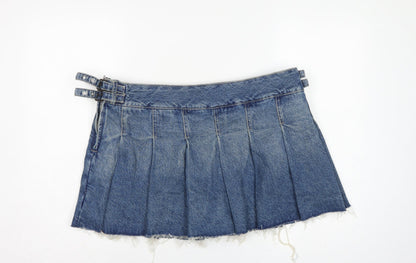 Bershka Women Blue UK 14 Denim Pleated Mini Skirt Buckle Frayed Hem