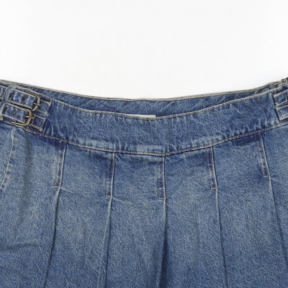 Bershka Women Blue UK 14 Denim Pleated Mini Skirt Buckle Frayed Hem
