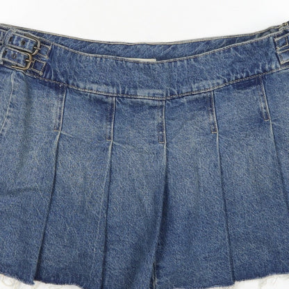 Bershka Women Blue UK 14 Denim Pleated Mini Skirt Buckle Frayed Hem