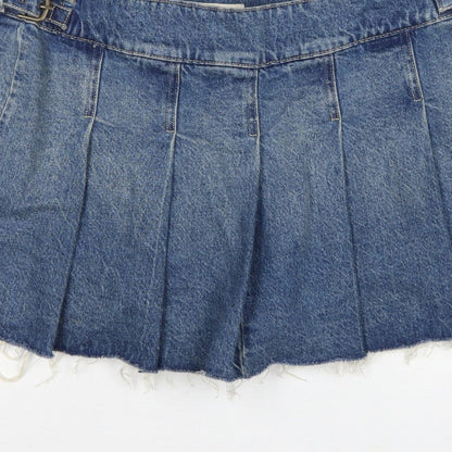 Bershka Women Blue UK 14 Denim Pleated Mini Skirt Buckle Frayed Hem