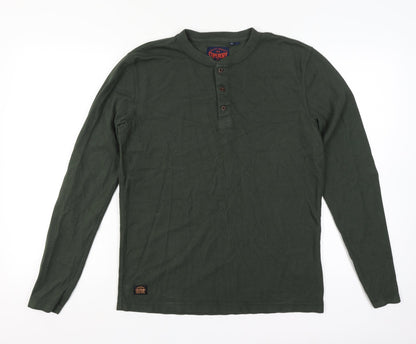 Superdry Men’s Green L Long Sleeve Cotton Henley Button-Up Top
