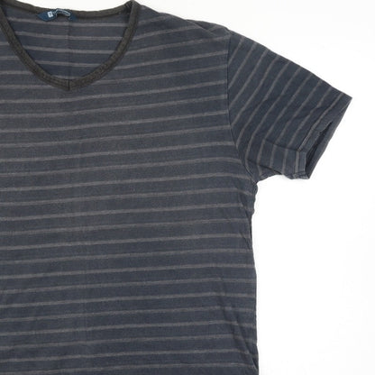 Tom Franks Men’s Black Grey Striped V-Neck Short Sleeve T-Shirt XL