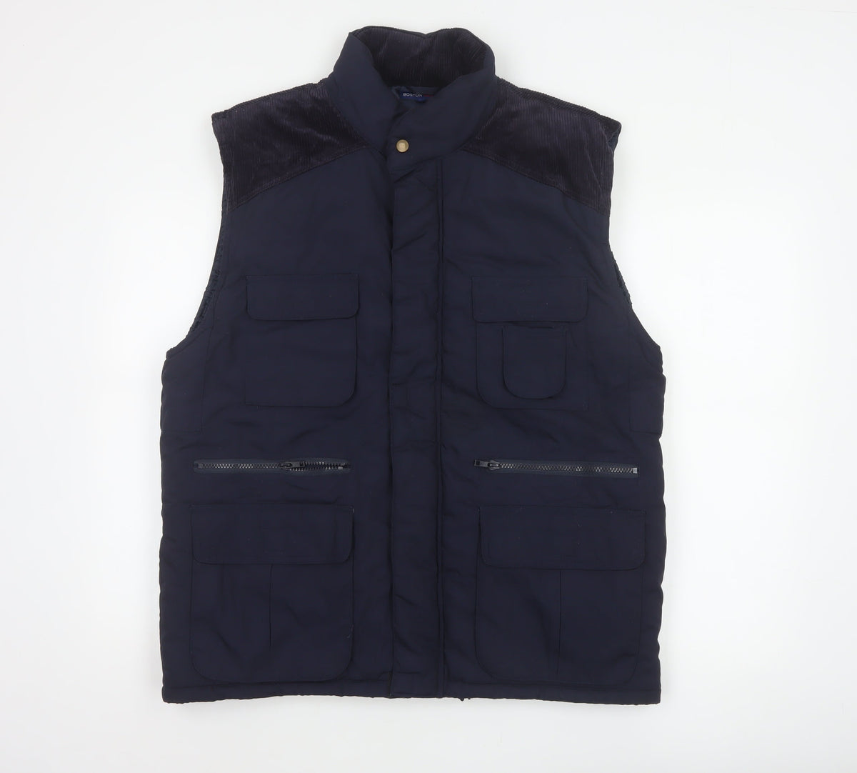 Back view of Boston 103 Men's Blue M Padded Utility Waistcoat Corduroy Trim