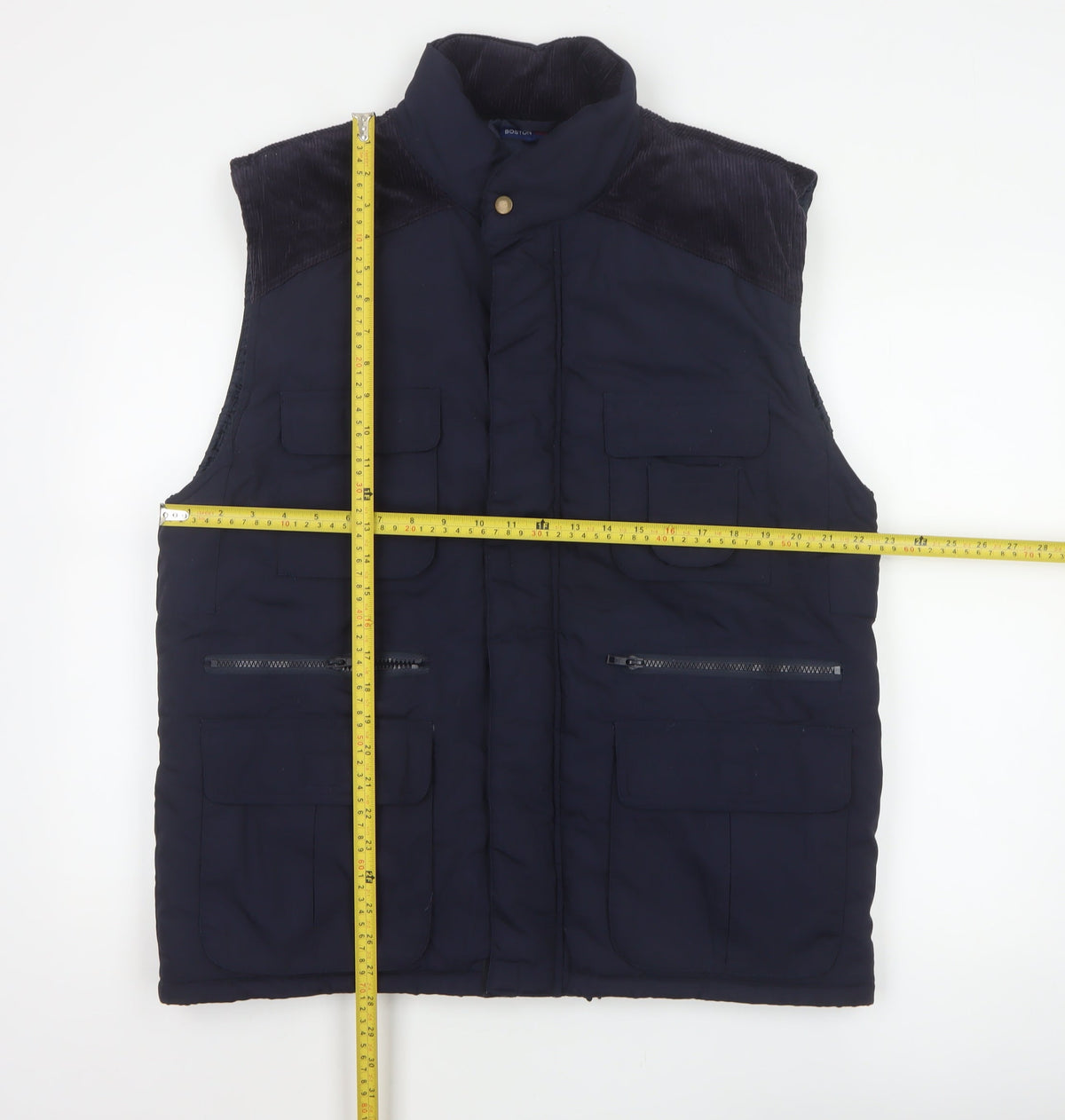 Close-up detail of Boston 103 Men's Blue M Padded Utility Waistcoat Corduroy Trim