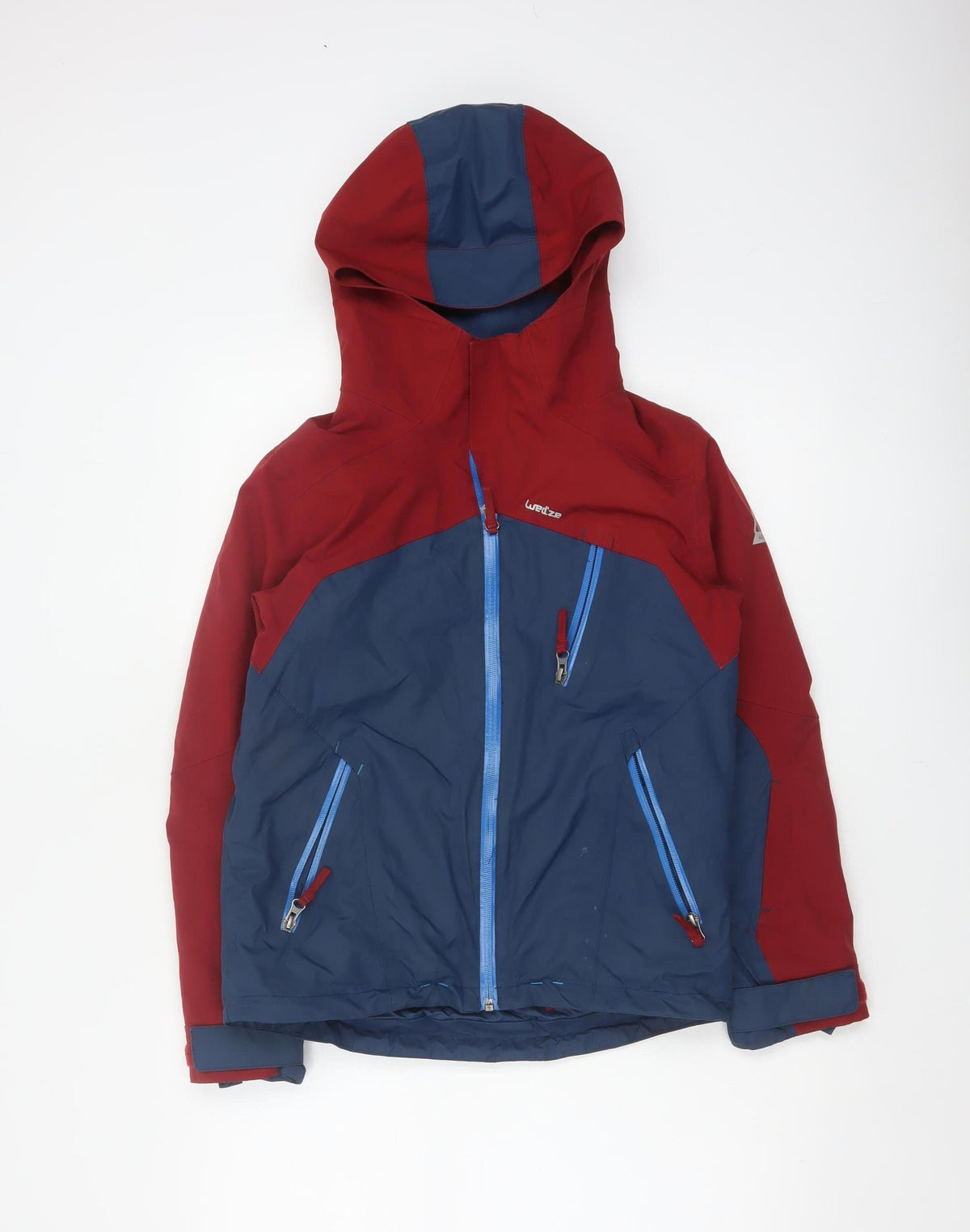 Back view of Wedze boys’ red blue 12 years ski jacket hooded full zip