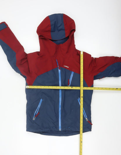 Close-up detail of Wedze boys’ red blue 12 years ski jacket hooded full zip