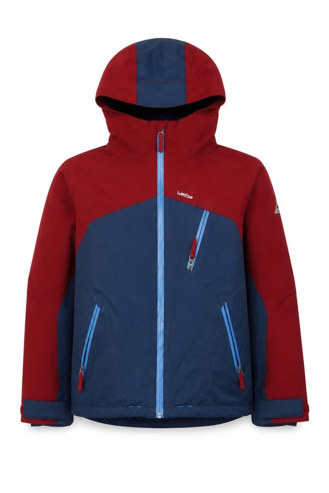 Front view of Wedze boys’ red blue 12 years ski jacket hooded full zip
