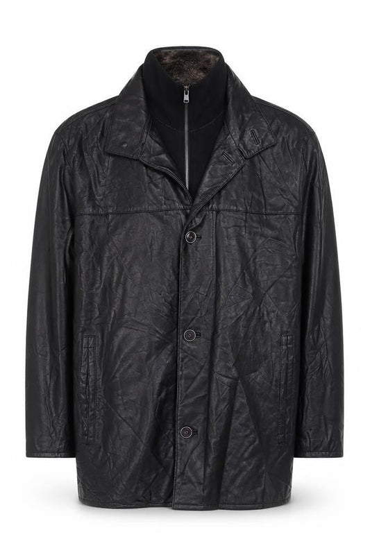 Front view of Trapper Men’s Black Leather Jacket UK 44 EU 54 Mid-Length Lined