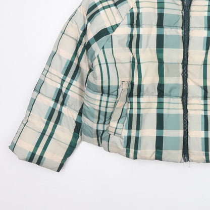 Monki Women Blue Plaid Puffer Jacket L Quilted Full Zip
