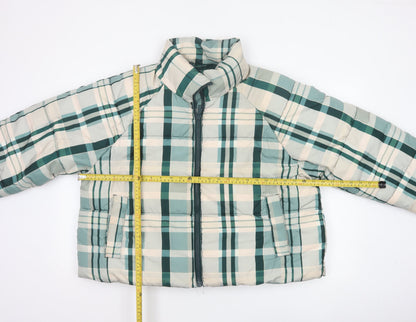 Monki Women Blue Plaid Puffer Jacket L Quilted Full Zip