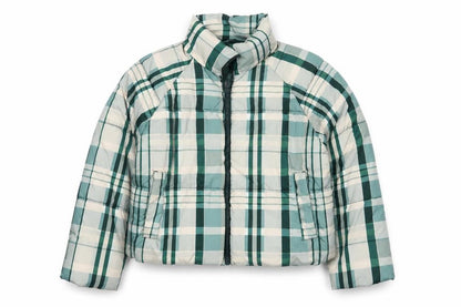 Monki Women Blue Plaid Puffer Jacket L Quilted Full Zip