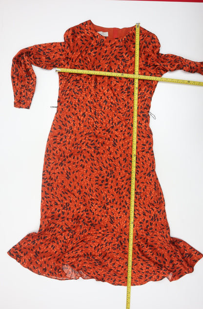 Hobbs Women Orange Animal Print Fit & Flare Long Sleeve Dress UK 14