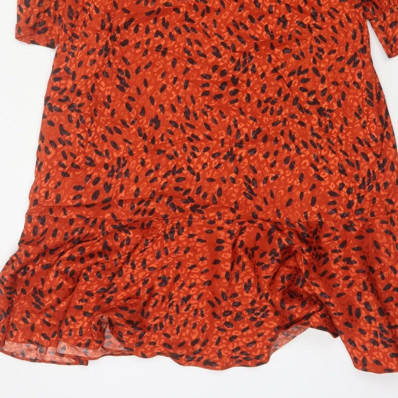 Hobbs Women Orange Animal Print Fit & Flare Long Sleeve Dress UK 14