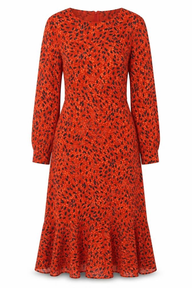 Hobbs Women Orange Animal Print Fit & Flare Long Sleeve Dress UK 14