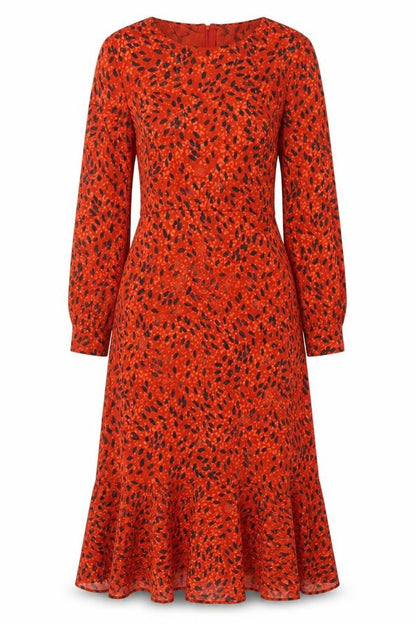 Hobbs Women Orange Animal Print Fit & Flare Long Sleeve Dress UK 14