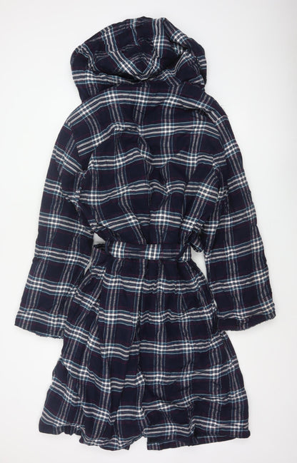 Marks and Spencer Men Blue Plaid Hooded Cotton Flannel Robe Large