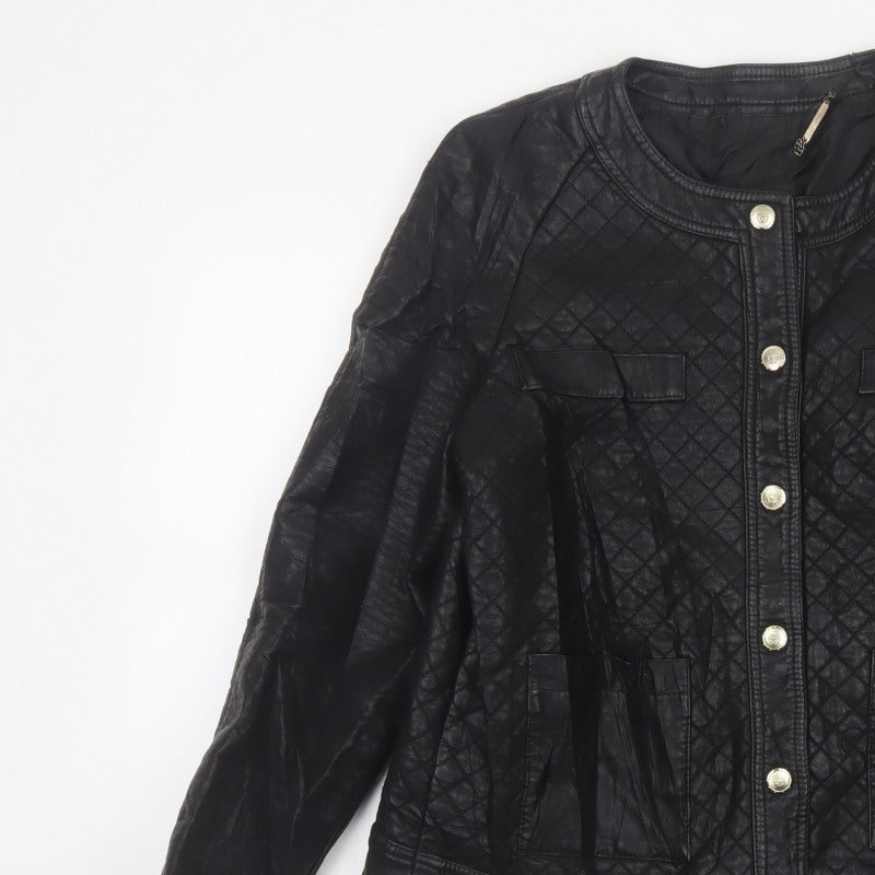 Mango Women Black Size L Quilted Faux Leather Button Jacket