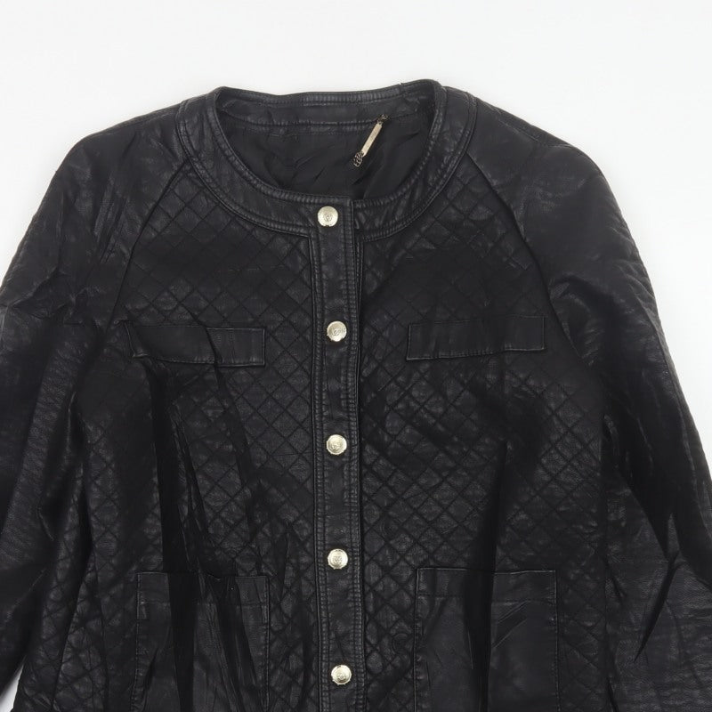 Mango Women Black Size L Quilted Faux Leather Button Jacket