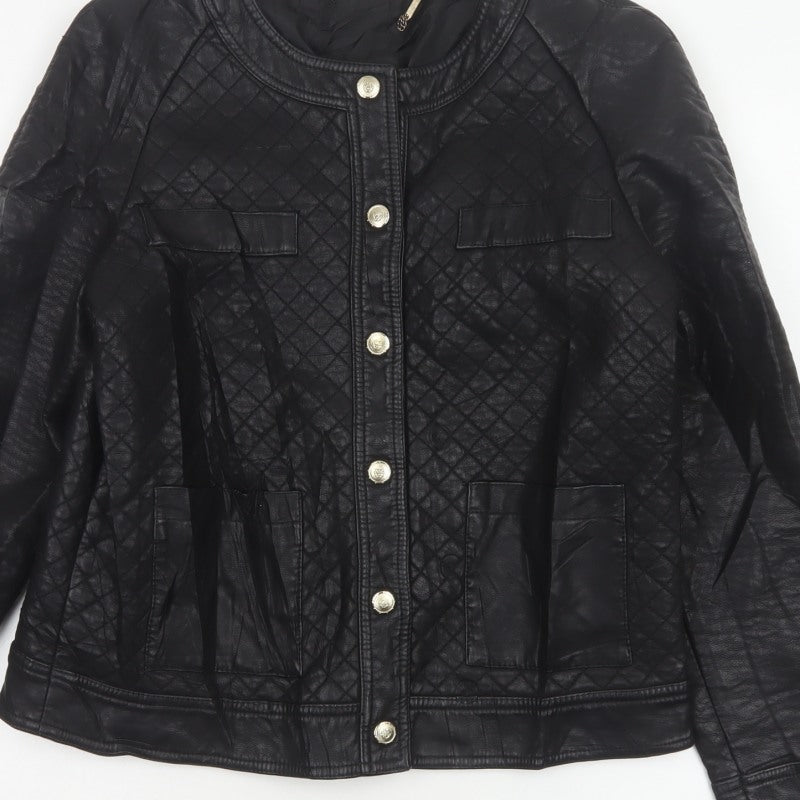 Mango Women Black Size L Quilted Faux Leather Button Jacket