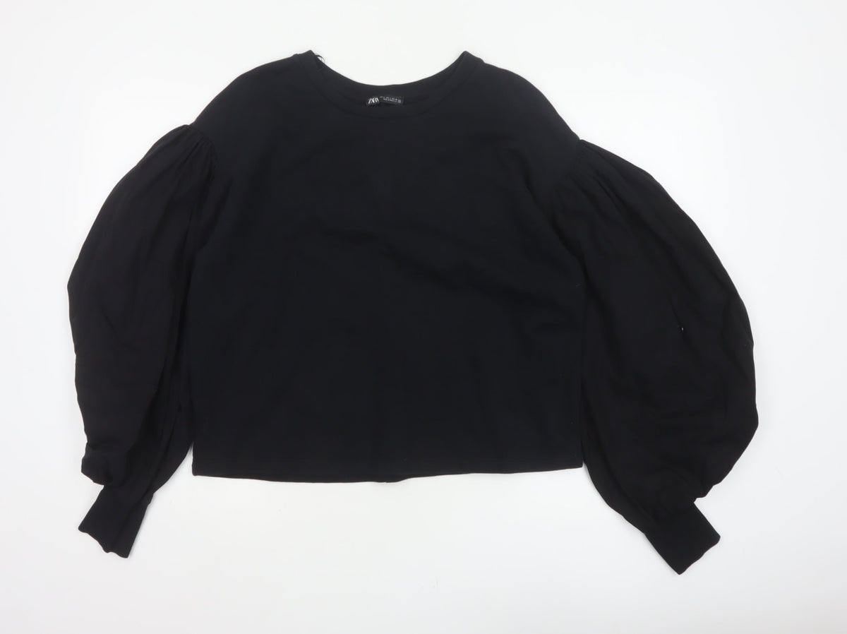 Zara Women Black L Cropped Puff Balloon Sleeve Blouse