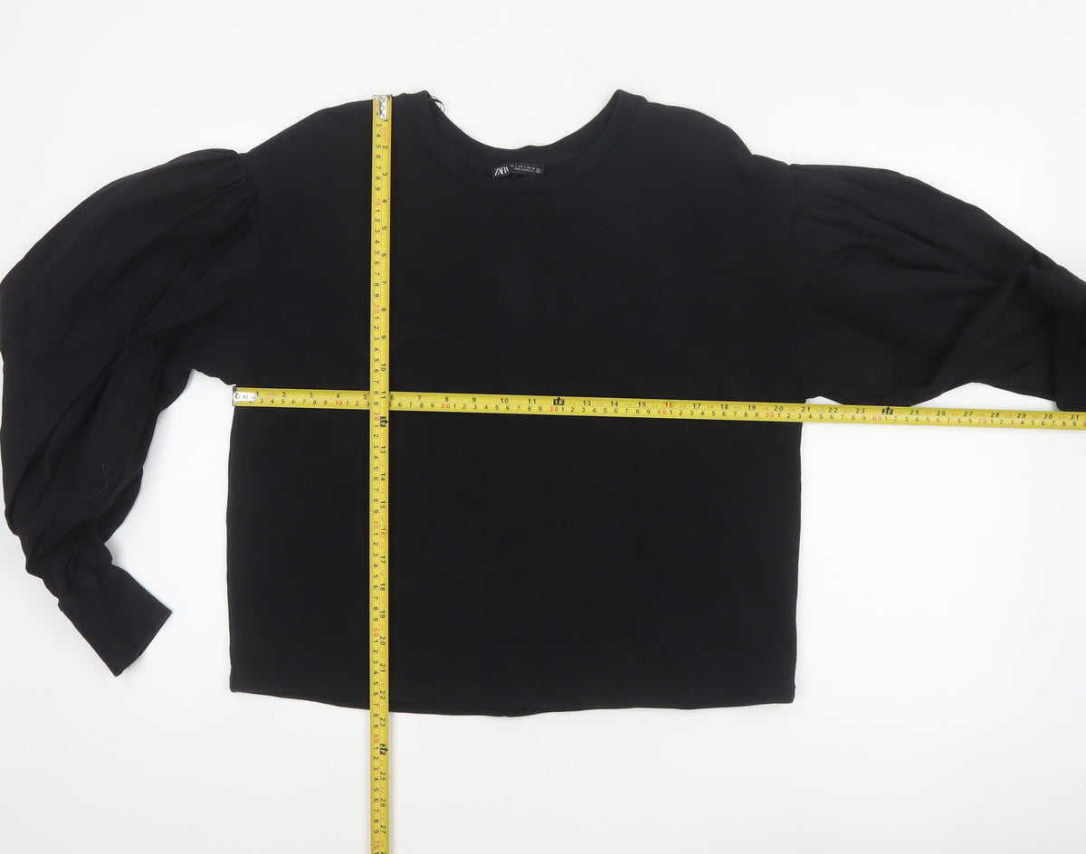 Zara Women Black L Cropped Puff Balloon Sleeve Blouse