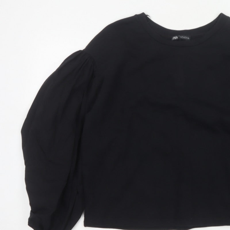 Zara Women Black L Cropped Puff Balloon Sleeve Blouse