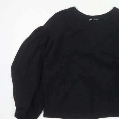 Zara Women Black L Cropped Puff Balloon Sleeve Blouse