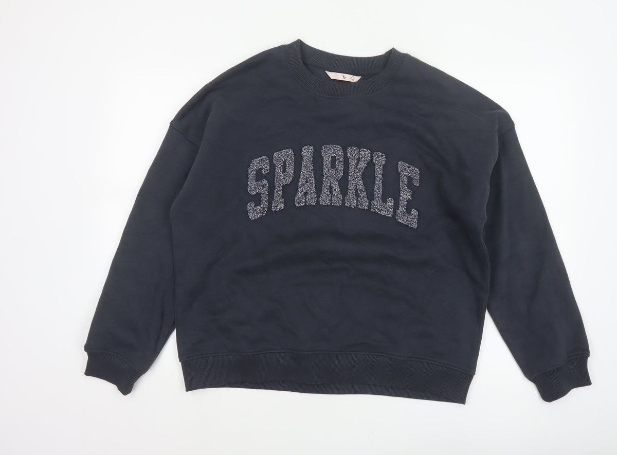TU Women’s Black M Sparkle Glitter Logo Crew Neck Pullover Sweatshirt
