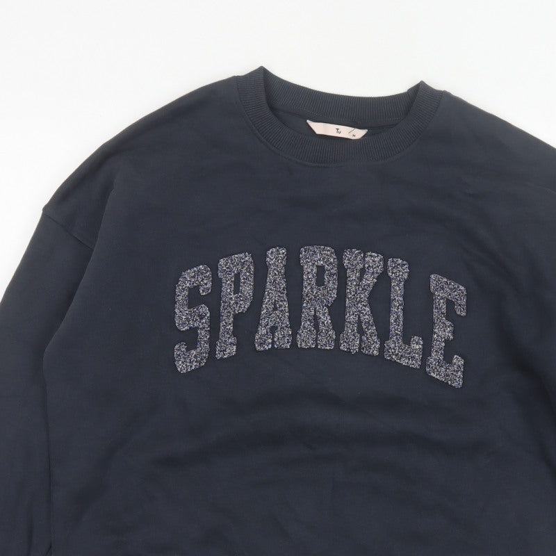 TU Women’s Black M Sparkle Glitter Logo Crew Neck Pullover Sweatshirt