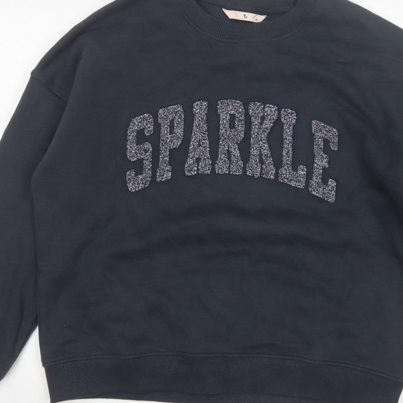 TU Women’s Black M Sparkle Glitter Logo Crew Neck Pullover Sweatshirt