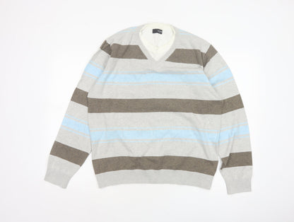 Next Men’s Grey Blue Brown Striped V-Neck Pullover Jumper Large