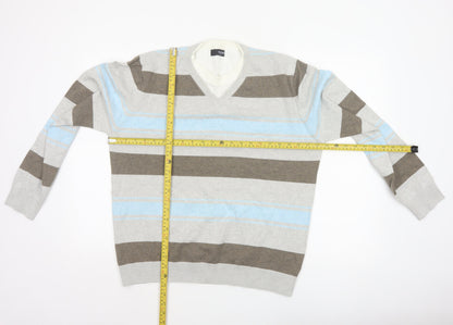 Next Men’s Grey Blue Brown Striped V-Neck Pullover Jumper Large