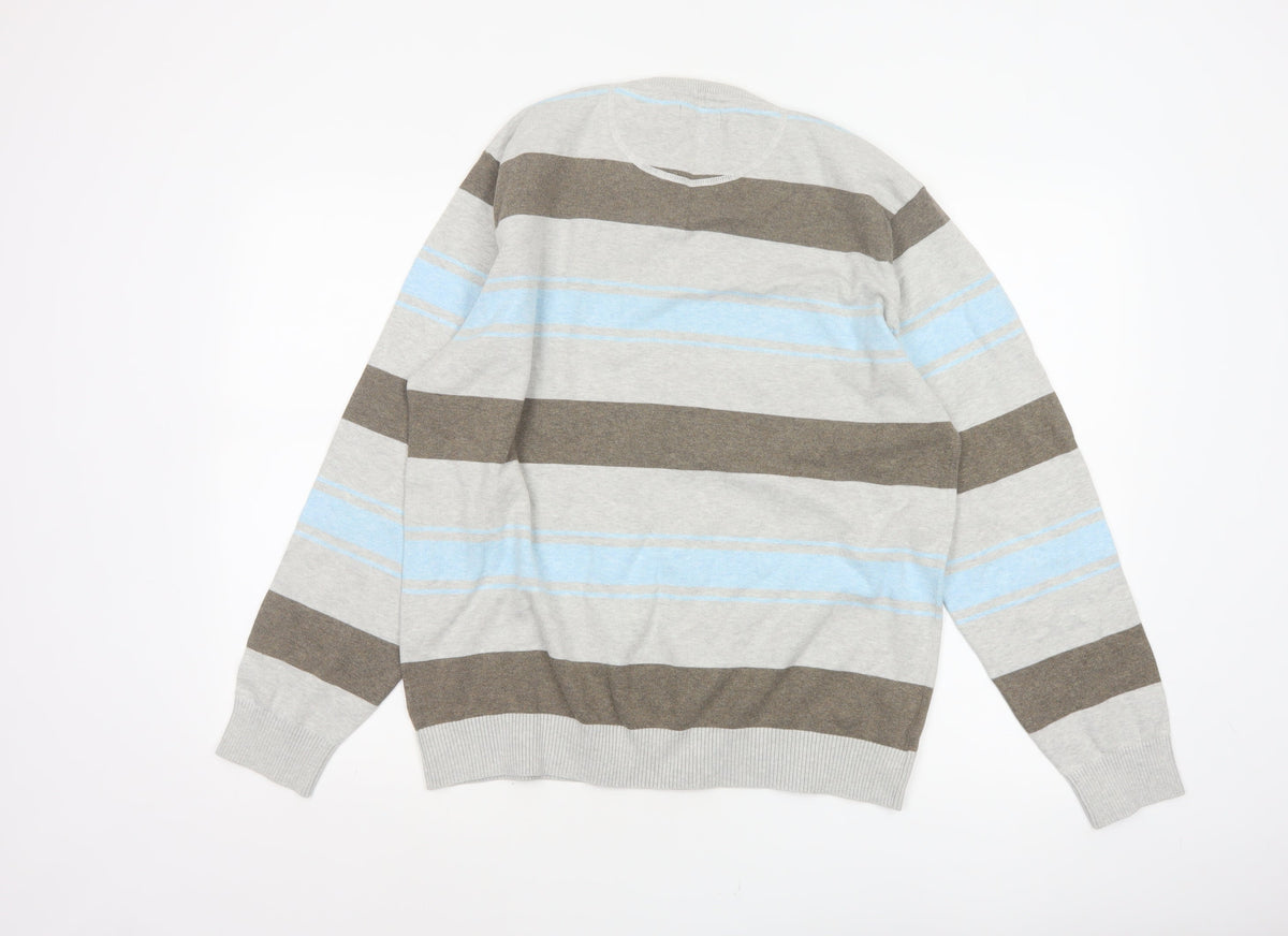 Next Men’s Grey Blue Brown Striped V-Neck Pullover Jumper Large