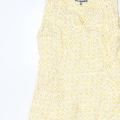 Laura Ashley Women Yellow Floral Linen UK 8 Sleeveless Shift Midi Dress