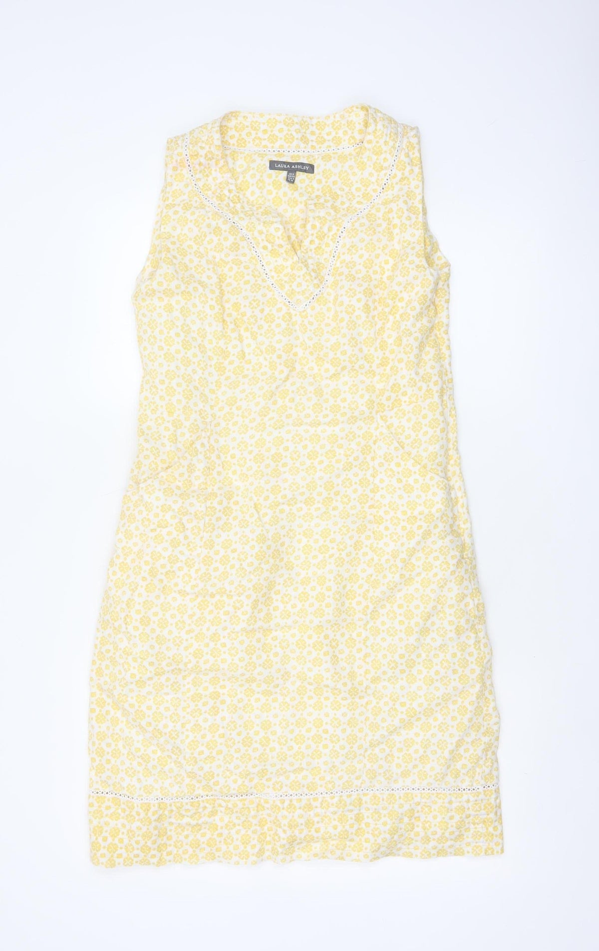 Laura Ashley Women Yellow Floral Linen UK 8 Sleeveless Shift Midi Dress