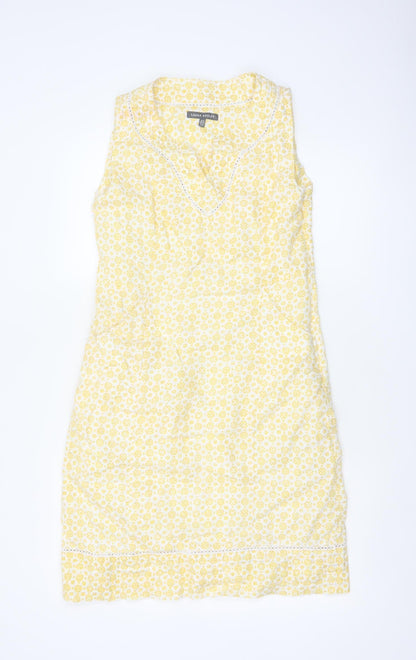 Laura Ashley Women Yellow Floral Linen UK 8 Sleeveless Shift Midi Dress