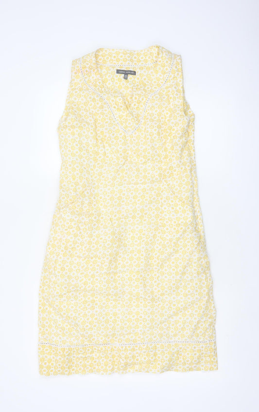 Laura Ashley Women Yellow Floral Linen UK 8 Sleeveless Shift Midi Dress