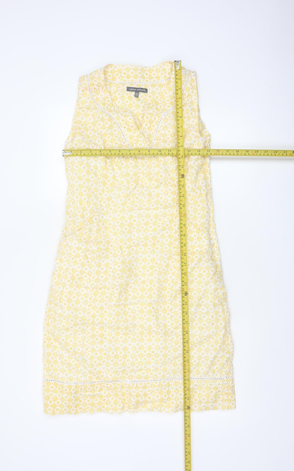 Laura Ashley Women Yellow Floral Linen UK 8 Sleeveless Shift Midi Dress