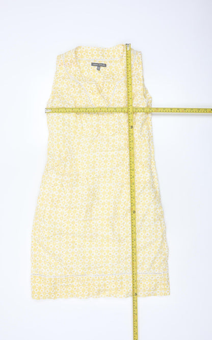 Laura Ashley Women Yellow Floral Linen UK 8 Sleeveless Shift Midi Dress