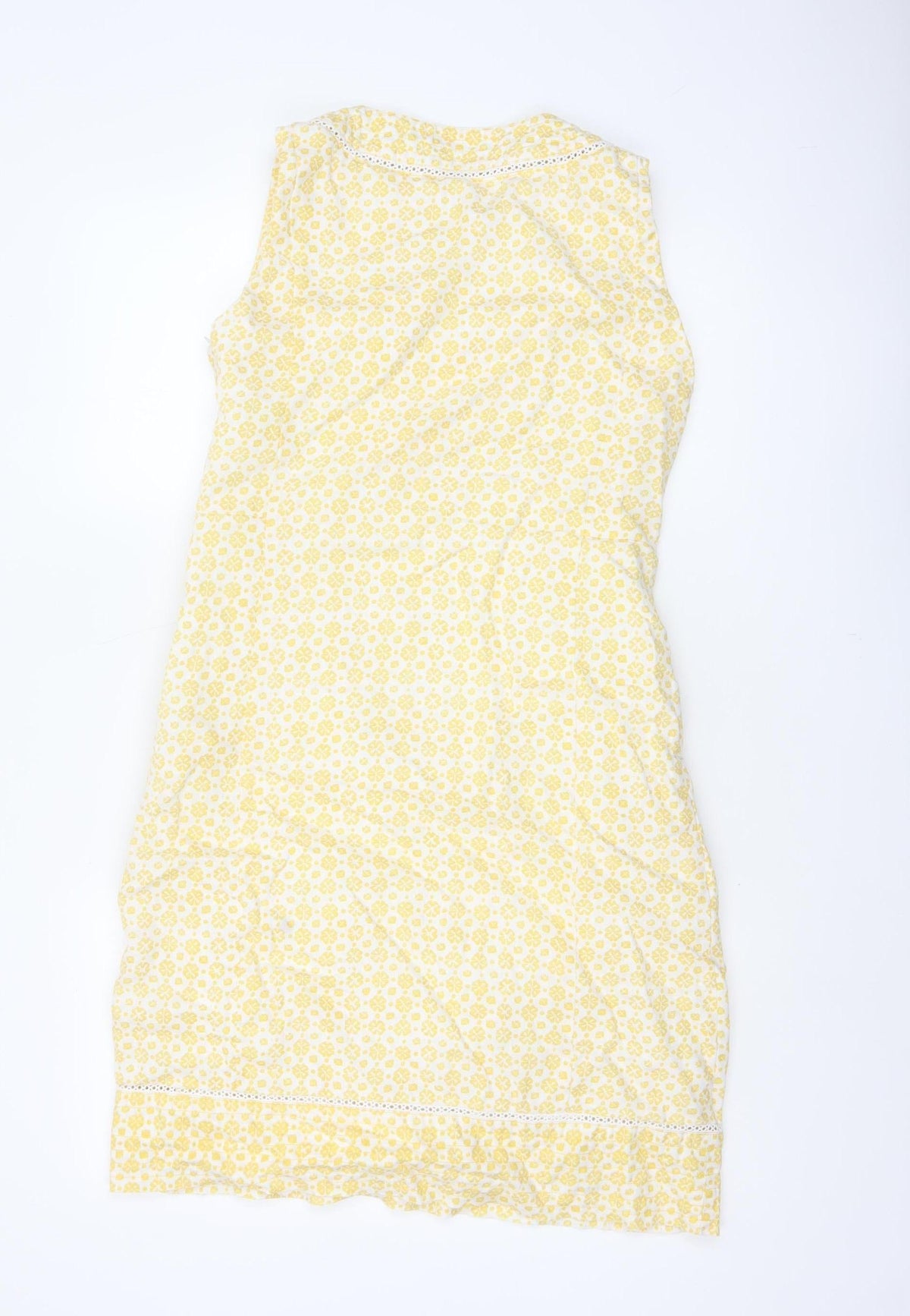 Laura Ashley Women Yellow Floral Linen UK 8 Sleeveless Shift Midi Dress
