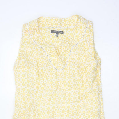 Laura Ashley Women Yellow Floral Linen UK 8 Sleeveless Shift Midi Dress